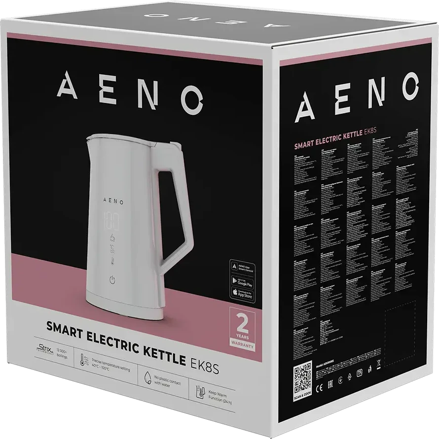 AENO EK8S Smart Electric Virdulys, Wi-Fi, 1.7L, Temp Control, Strix, Baltas