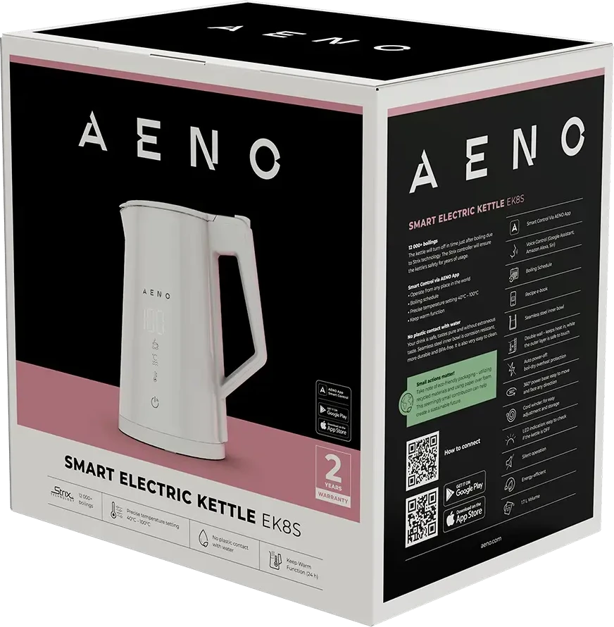 AENO EK8S Smart Electric Virdulys, Wi-Fi, 1.7L, Temp Control, Strix, Baltas