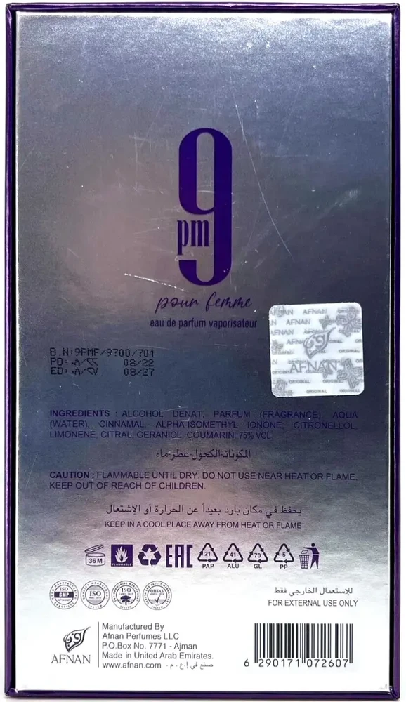 Kvepalai moterims Afnan 9 PM Pour Femme EDP, 100 ml