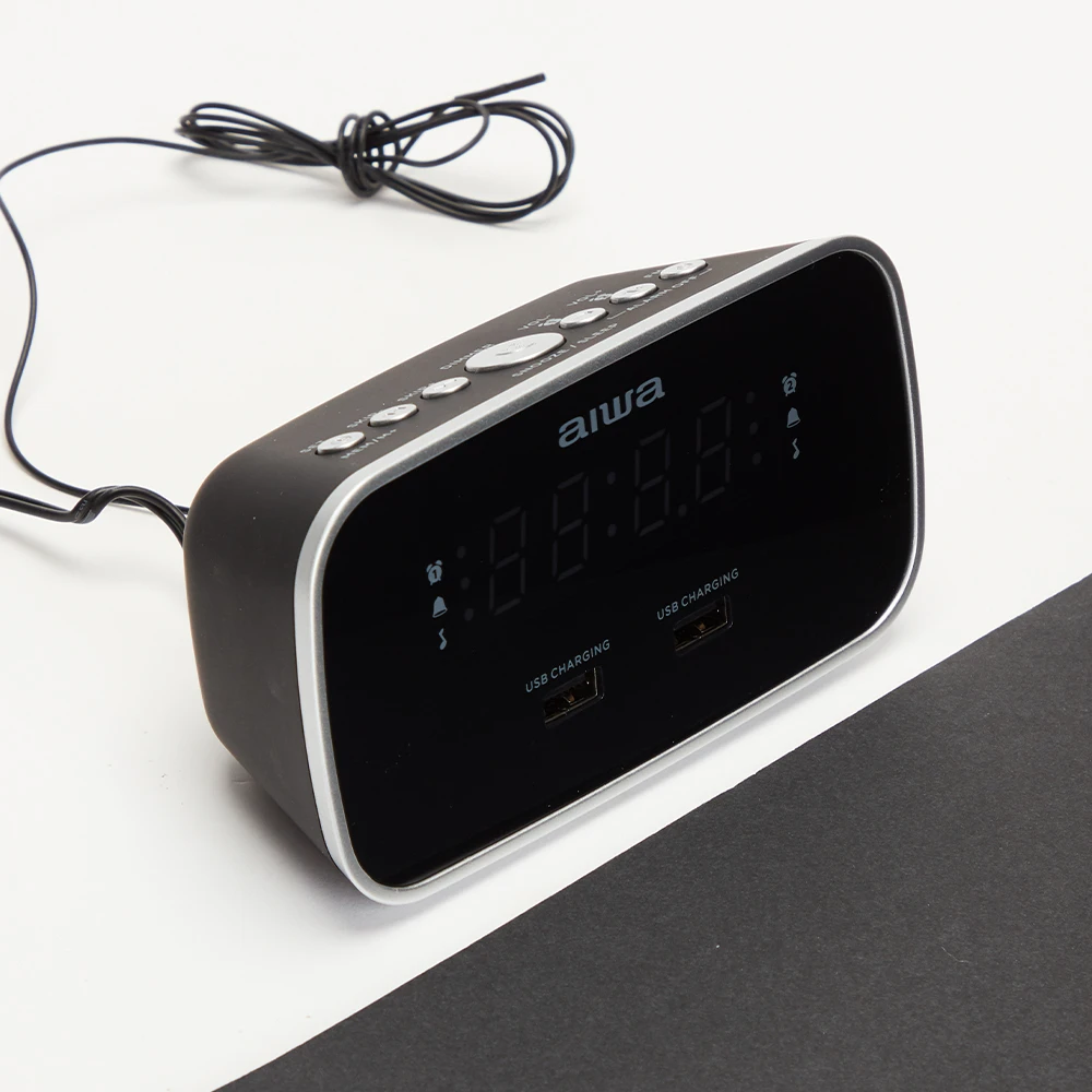 Aiwa Laikrodis su FM radiju, žadintuvu ir 2 USB įkrovimo lizdais, juodas