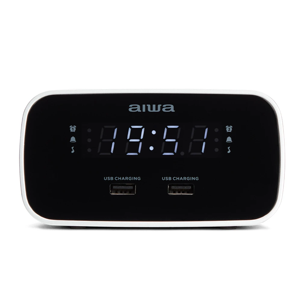 Aiwa Laikrodis su FM radiju, žadintuvu ir 2 USB įkrovimo lizdais, juodas