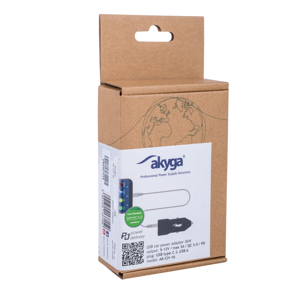 Įkroviklis Akyga AKYGA Automobilinis įkroviklis 12/24V AK-CH-16 36W USB-A + USB-C PD Quick Charge 3.0 5-12V / 1.5-3A juodas