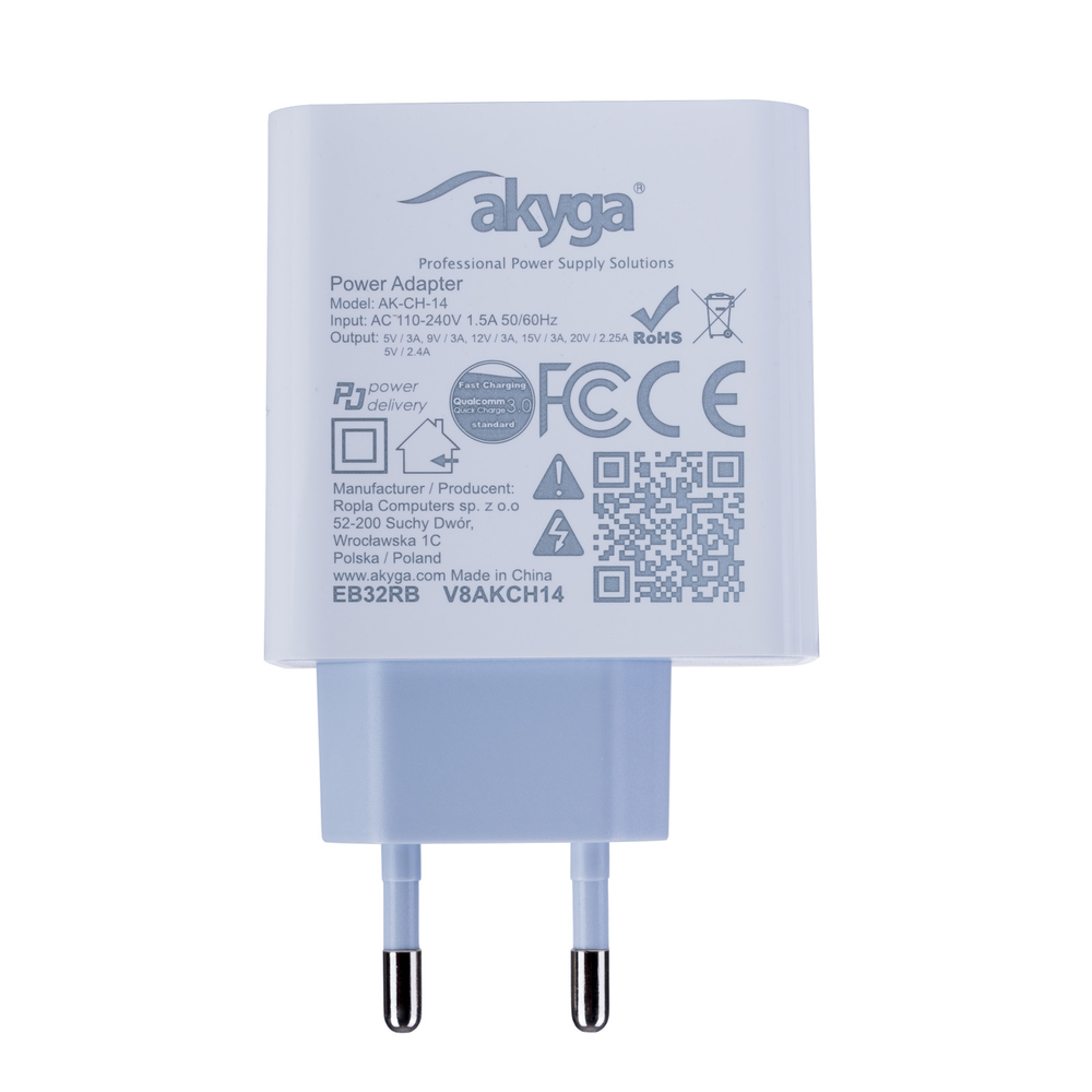 USB A USB C PD Quick Charge 3.0 maitinimo šaltinis – 5-20V/2.25-3A – Akyga AK-CH-14