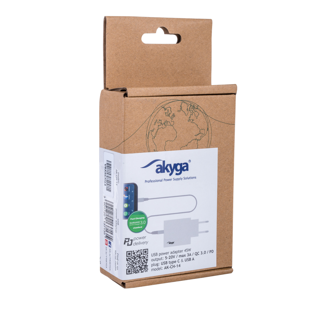 USB A USB C PD Quick Charge 3.0 maitinimo šaltinis – 5-20V/2.25-3A – Akyga AK-CH-14