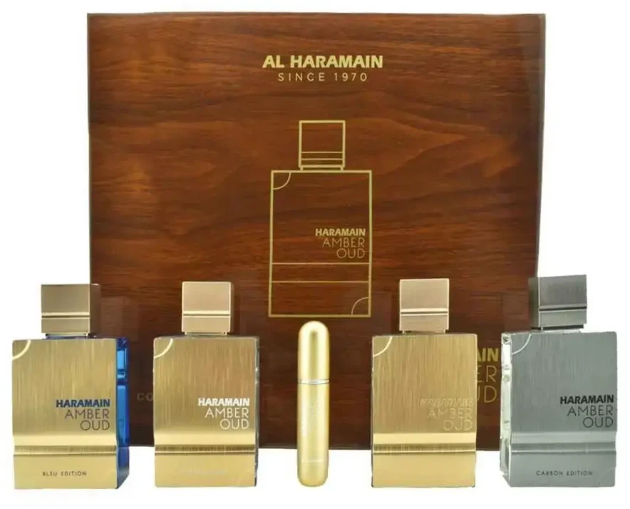 „Al Haramain Amber Oud Collection“ rinkinys 4 x 60 ml – „Amber Oud Gold“ leidimas + „Amber Oud Bleu“ leidimas + „Amber Oud Baltas“ leidimas + „Amber Oud Carbon“ leidimas