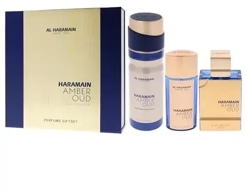 Al Haramain Amber Oud Bleu Edition rinkinys: 75ml EDP purškiklis + 30ml EDP purškiklis + 200ml dezodorantas