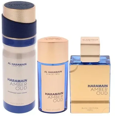 Al Haramain Amber Oud Bleu Edition rinkinys: 75ml EDP purškiklis + 30ml EDP purškiklis + 200ml dezodorantas