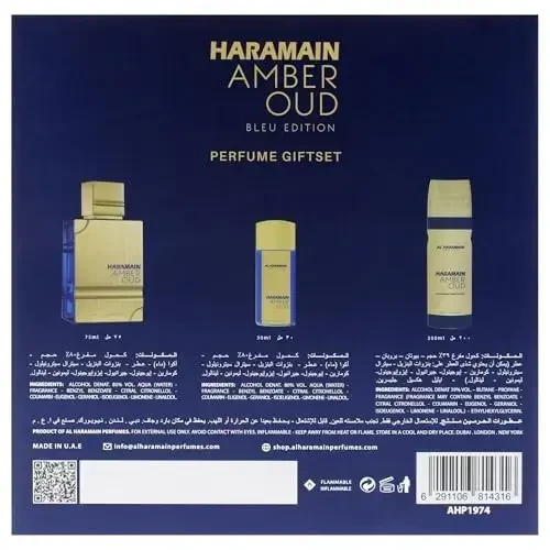 Al Haramain Amber Oud Bleu Edition rinkinys: 75ml EDP purškiklis + 30ml EDP purškiklis + 200ml dezodorantas