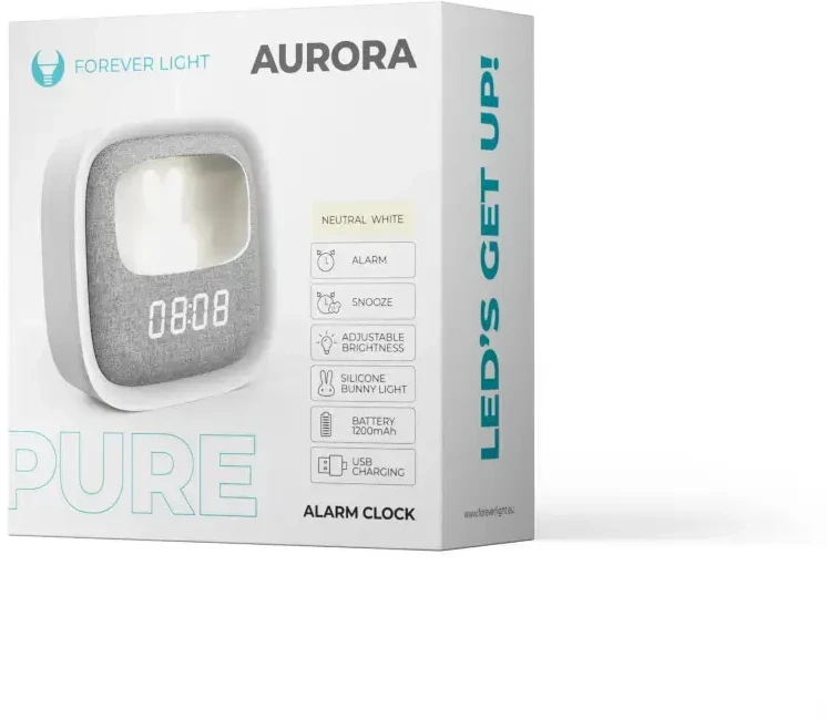 Žadintuvas su LED Bunny naktine lempute PURE FNL-06 AURORA baltos spalvos square Forever Light