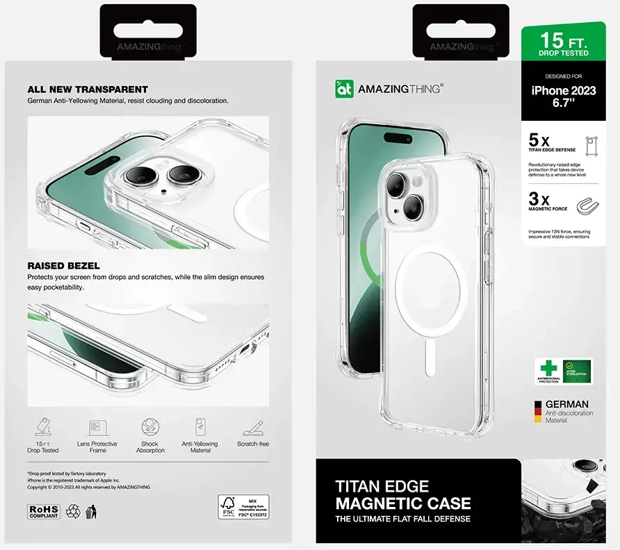 Amazing Thing Titan Edge Mag dėklas telefonui 15FT IP156.7TEMCL Apple iPhone 15 Plus skaidrus
