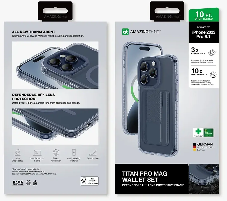 Amazing Thing Nuostabus dalykas „Titan Pro Mag“ piniginės dėklas telefonui 10FT IP156.1PTWBU „iPhone 15 Pro“ mėlynos spalvos su stovu