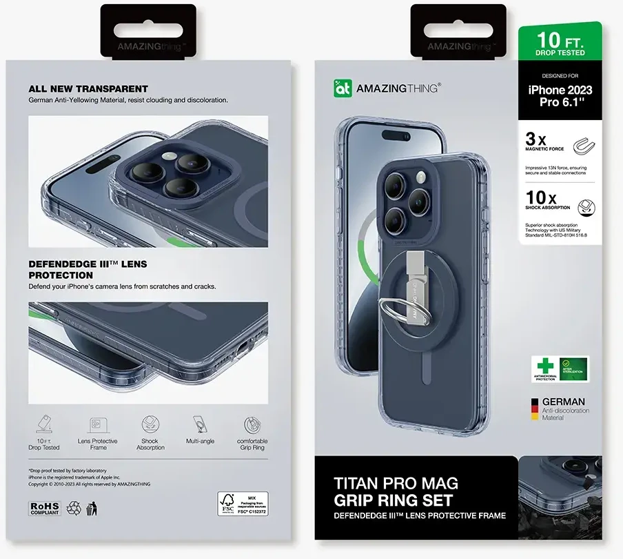 Amazing Thing Titan Pro Mag Ring Grip dėklas telefonui 10FT IP156.1PTRBU iPhone 15 Pro mėlynos spalvos