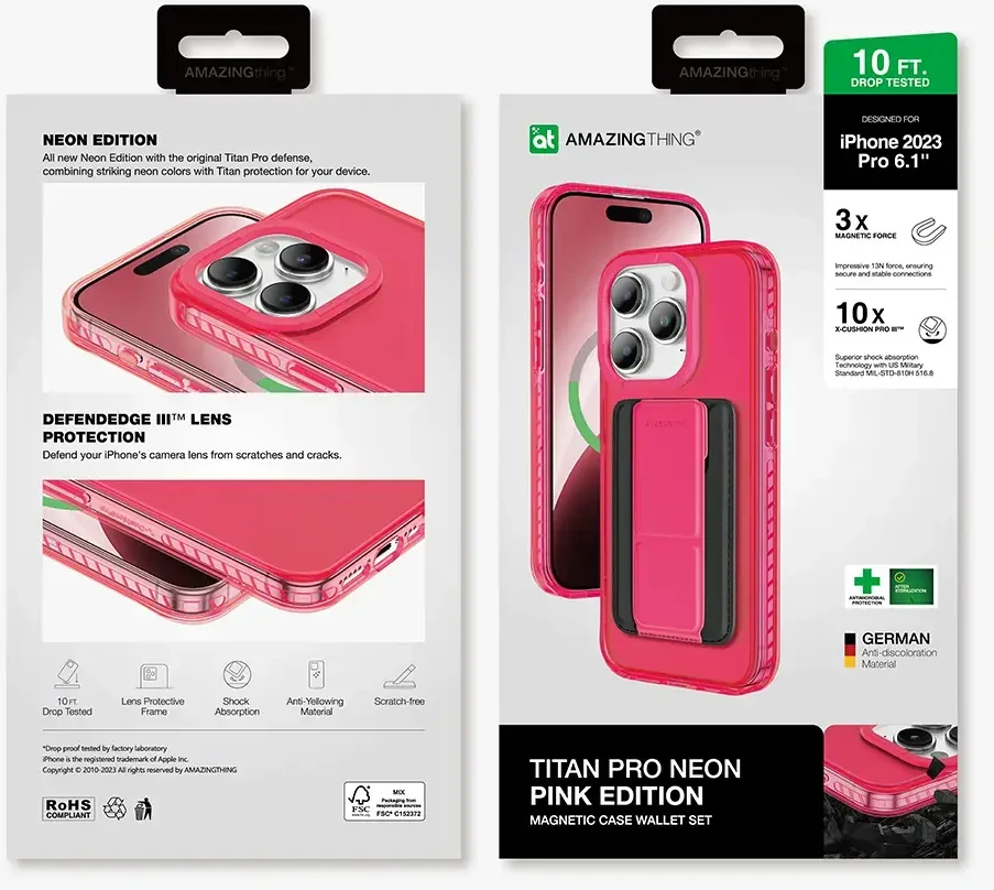 Amazing Thing Titan Pro Neon Mag piniginė Dėklas 10FT IP156.1PTWPN skirtas Apple iPhone 15 Pro rožinis su stovu