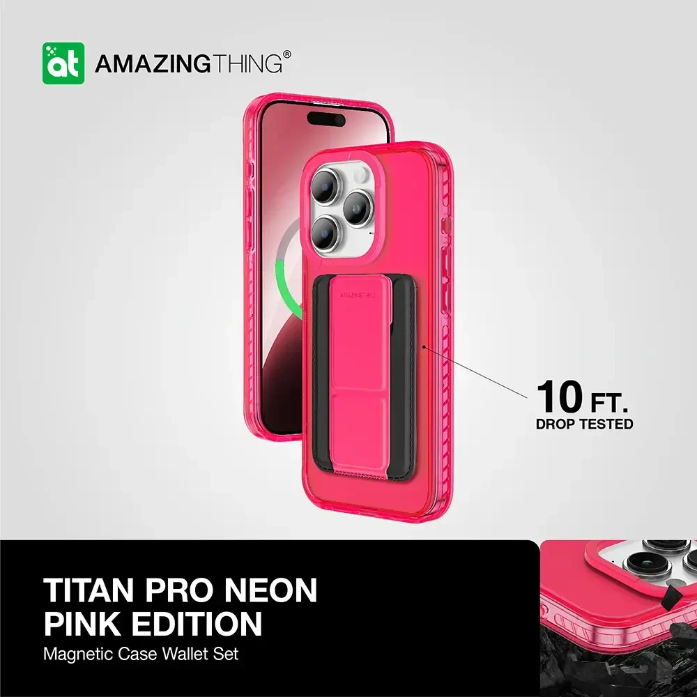 Amazing Thing Titan Pro Neon Mag piniginė Dėklas 10FT IP156.1PTWPN skirtas Apple iPhone 15 Pro rožinis su stovu