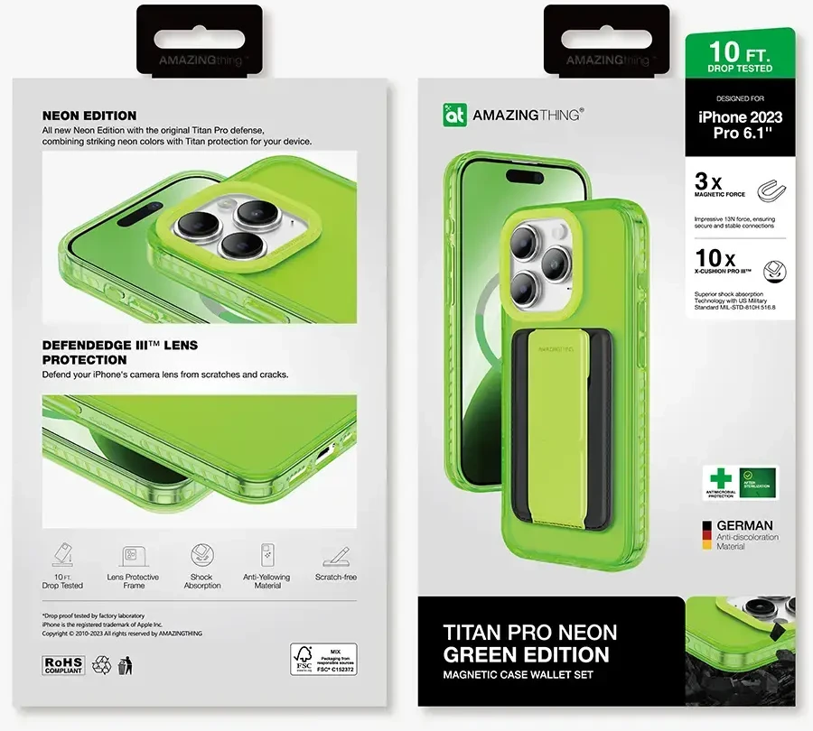 Amazing Thing Titan Pro Neon Mag Wallet Dėklas 10FT IP156.1PTWGN skirtas Apple iPhone 15 Pro žalias with stand
