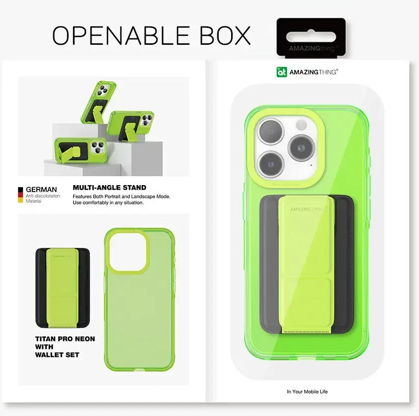 Amazing Thing Titan Pro Neon Mag Wallet dėklas telefonui 10FT IP156.7PTWGN Apple iPhone 15 Pro Max žalias su stoveliu