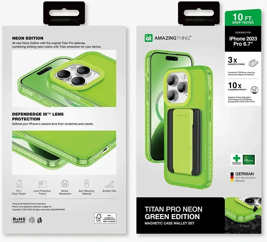 Amazing Thing Titan Pro Neon Mag Wallet dėklas telefonui 10FT IP156.7PTWGN Apple iPhone 15 Pro Max žalias su stoveliu