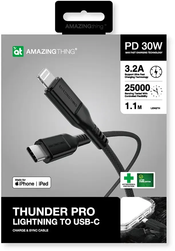Amazing Thing kabelis Tough Pro CLC120MTOBK – Type C į Lightning – PD 30W 3,2A 1,2 metras juodos spalvos