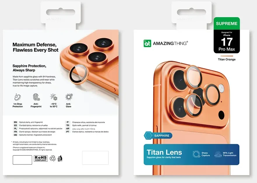 „AmazingThing AR Sapphire“ kameros objektyvo stiklas, skirtas „iPhone 17 Pro / Pro Max“ – su oranžiniu rėmeliu