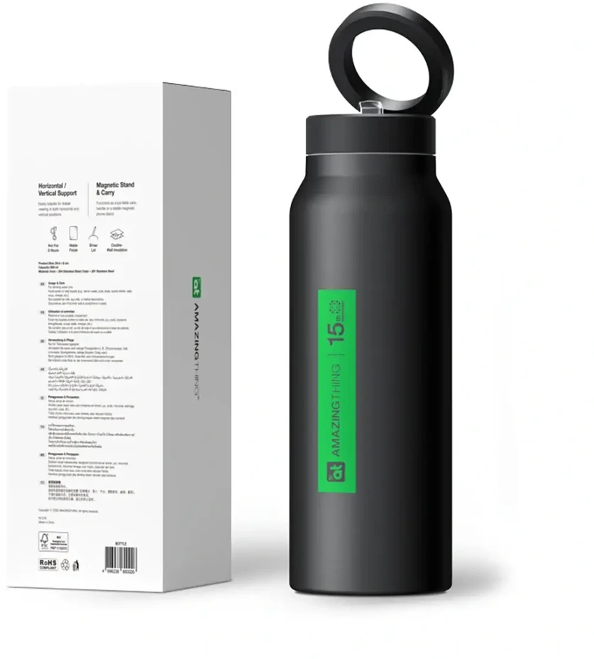 Gertuvė AmazingThing sportinis buteliukas su magnetiniu laikikliu, suderinamas su MagSafe, 800 ml - Juodas