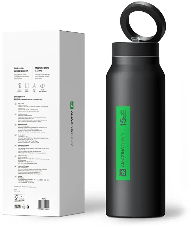 Gertuvė AmazingThing sportinis buteliukas su magnetiniu laikikliu, suderinamas su MagSafe, 800 ml - Juodas