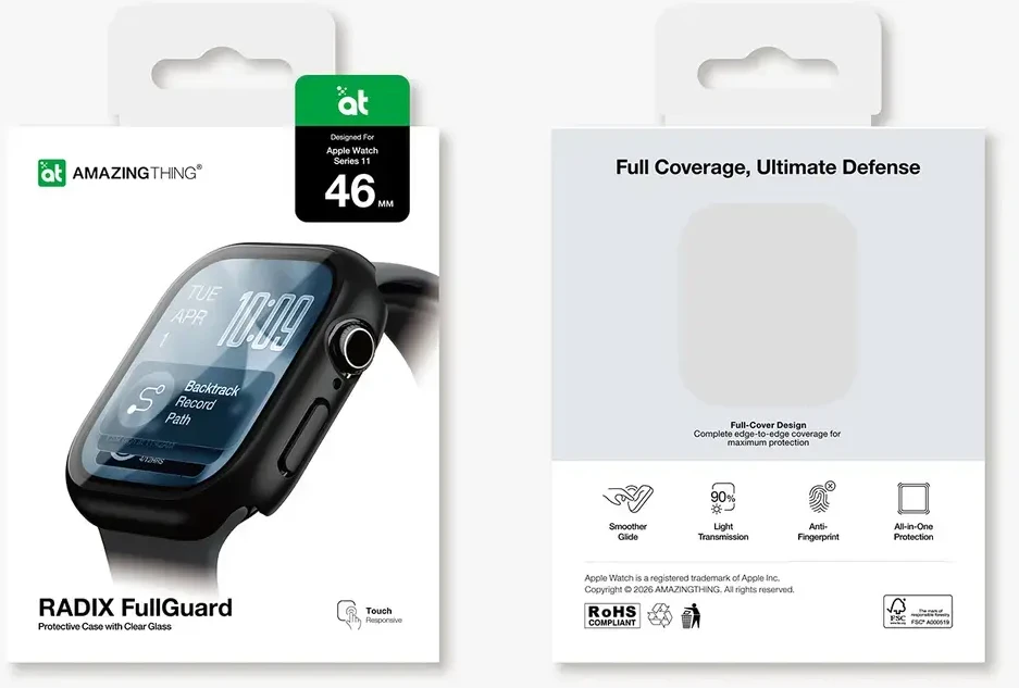 AmazingThing Radix Glass Screen Protector with dėklas skirtas Apple Watch Series 11 46mm – Juodas