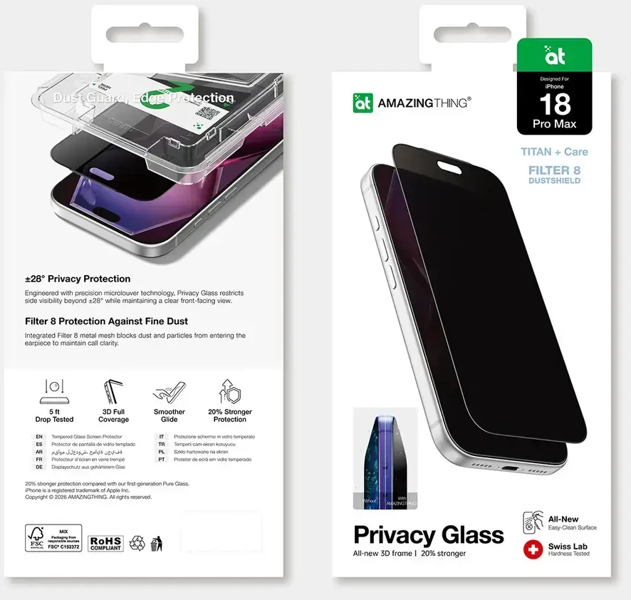 AmazingThing Titan +Care Privacy Glass for iPhone 18 Pro Max with mounting frame