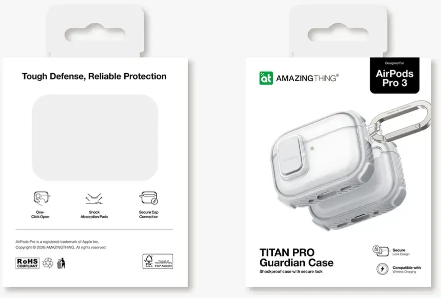„AmazingThing Titan Pro Mag“ skaidrus dėklas, skirtas „AirPods Pro 3“ - Baltas