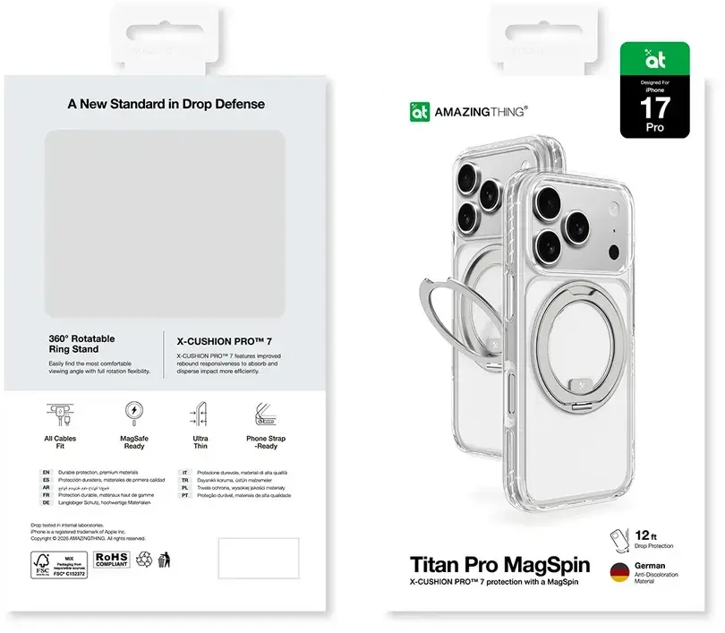 „AmazingThing Titan Pro MagSpin“ dėklas, skirtas „iPhone 17 Pro“, suderinamas su „MagSafe“ – pilkas