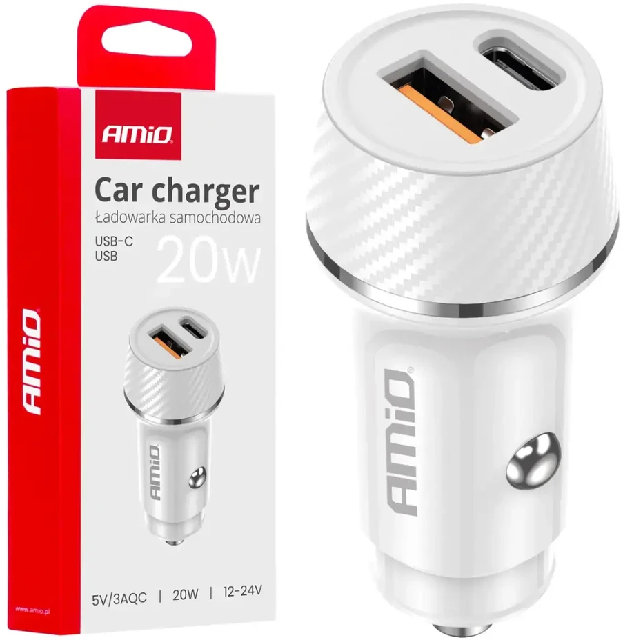 Automobilinis įkroviklis USB-A + USB-C 20W 12/24V AMiO-03878
