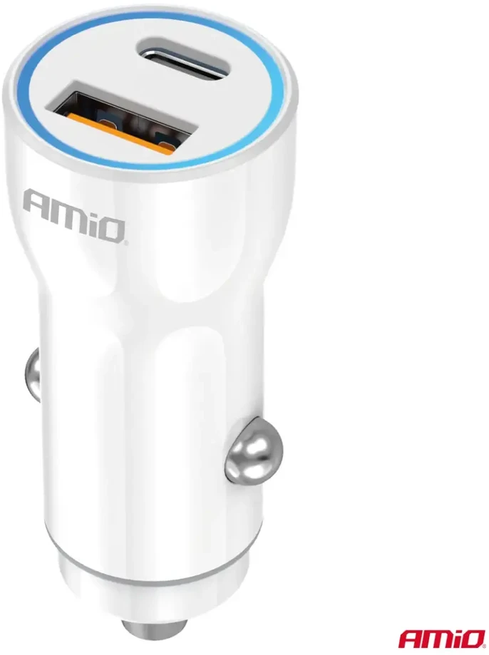 Automobilinis įkroviklis USB-A + USB-C 20W 12/24V AMiO-03881