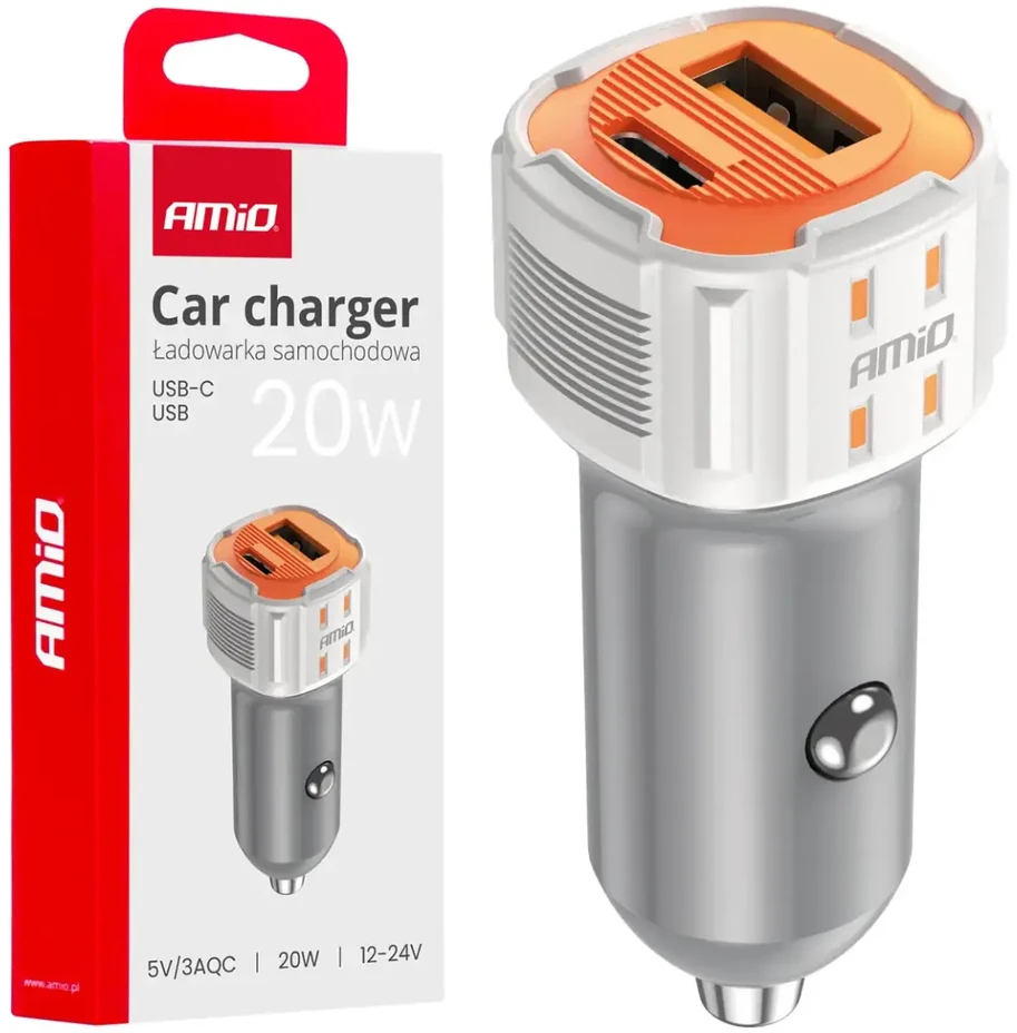 Automobilinis įkroviklis USB-A + USB-C 20W 12/24V AMiO-03882