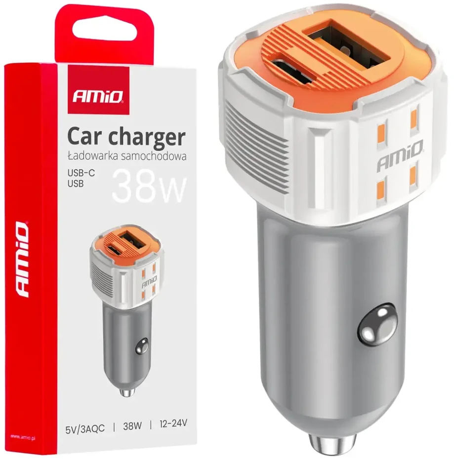 Automobilinis įkroviklis USB-A + USB-C 38W 12/24V AMiO-03883