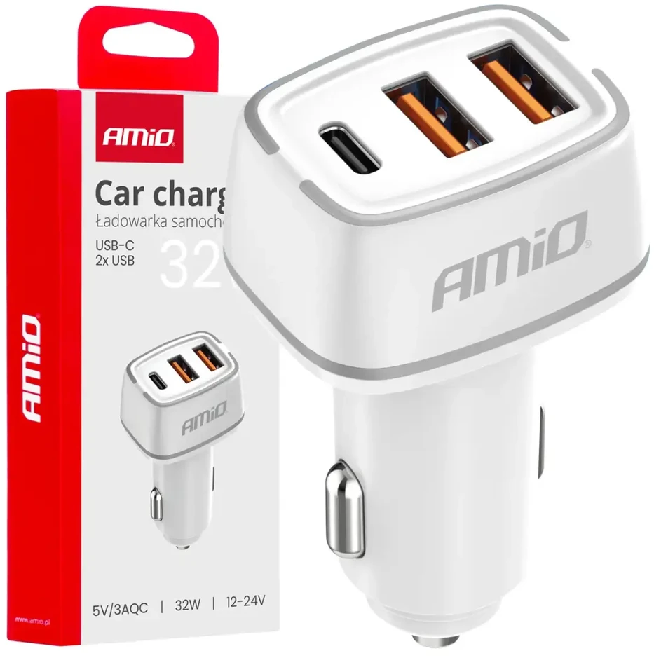 Automobilinis įkroviklis 2x USB-A + USB-C 32W 12/24V AMiO-03890