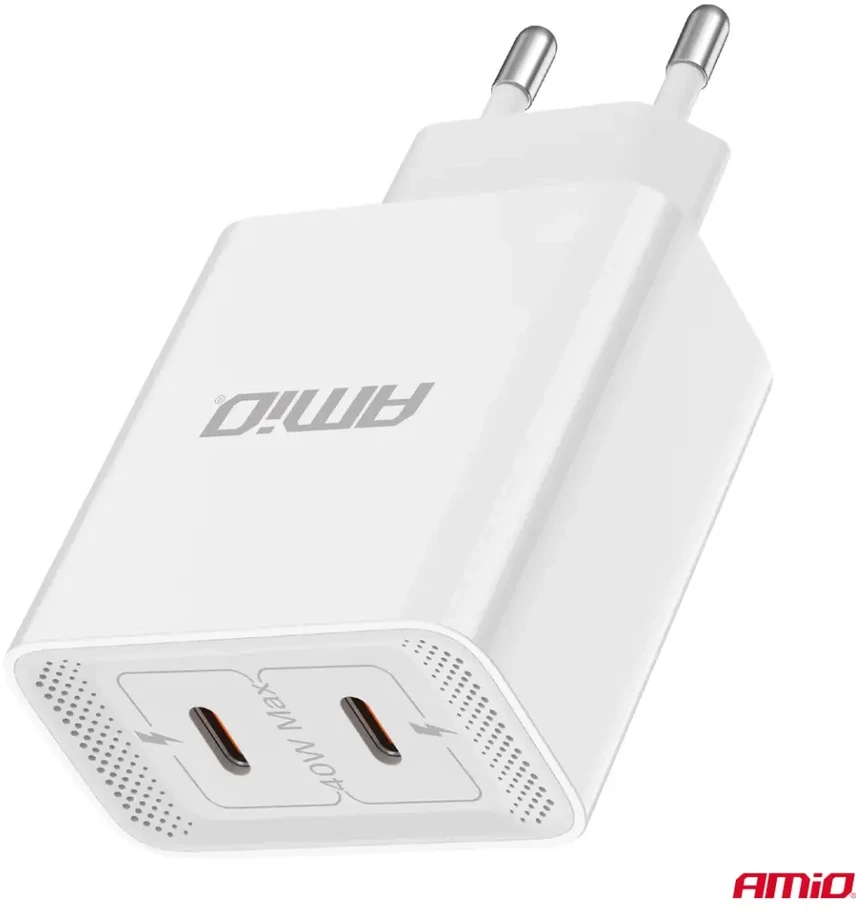 Sieninis įkroviklis 2xUSB-C 40W 230V AMIO-03892