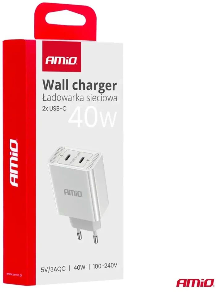 Sieninis įkroviklis 2xUSB-C 40W 230V AMIO-03892