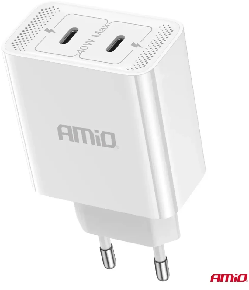 Sieninis įkroviklis 2xUSB-C 40W 230V AMIO-03892
