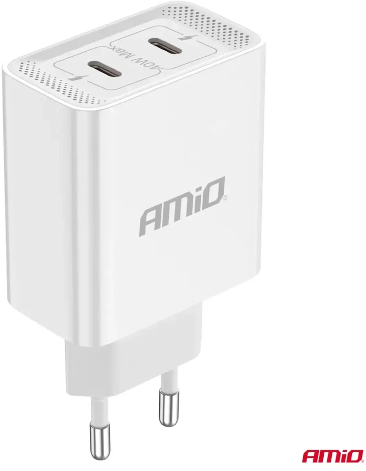 Sieninis įkroviklis 2xUSB-C 40W 230V AMIO-03892