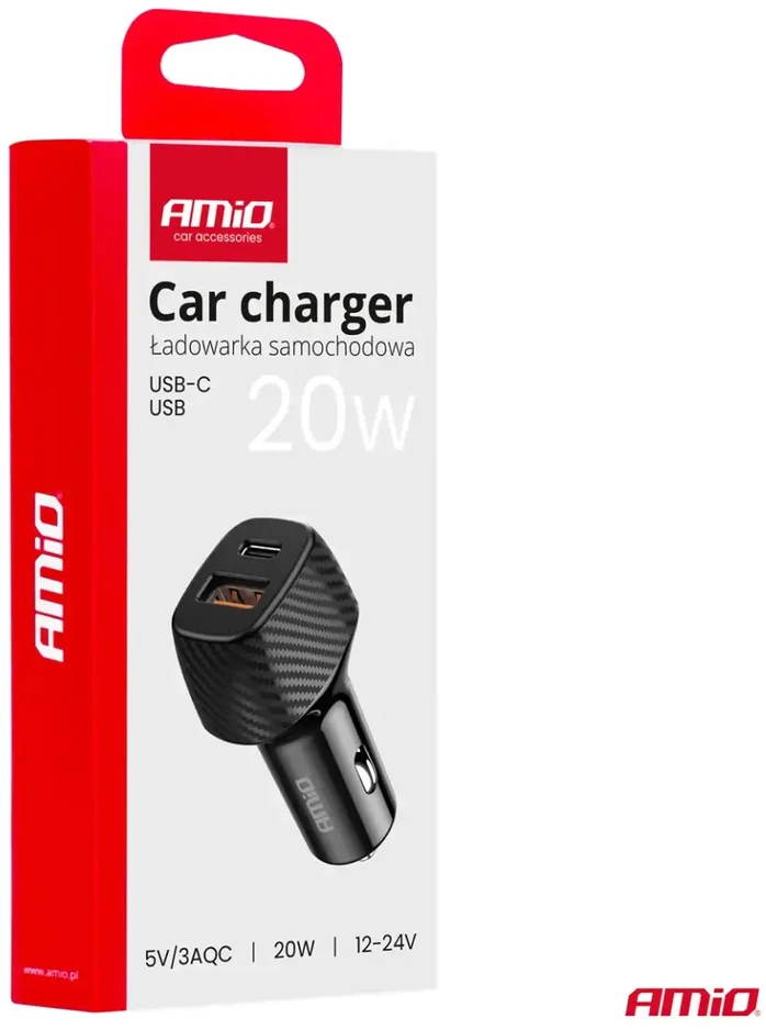 Automobilinis įkroviklis QC+PD 20W USB-A + USB-C AMIO-04282