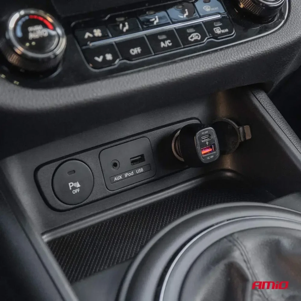 Automobilinis įkroviklis QC+PD 20W USB-A + USB-C AMIO-04282