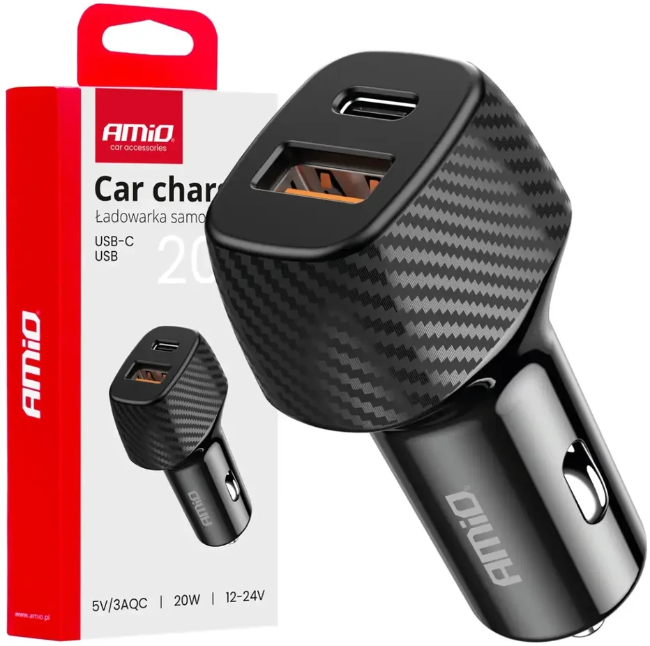 Automobilinis įkroviklis QC+PD 20W USB-A + USB-C AMIO-04282