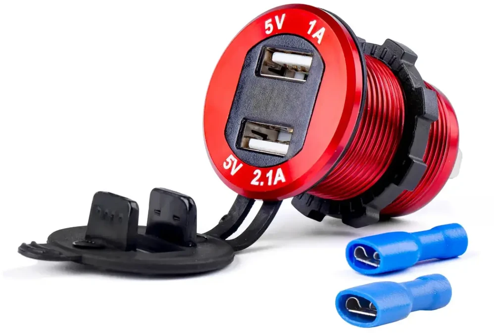 Amio Vandeniui atsparus telefono įkroviklis su skaitmeniniu voltmetru 2xUSB 12/24V MOD-11