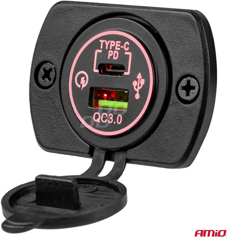 Amio Vandeniui atsparus telefono įkroviklis su skaitmeniniu voltmetru 2xUSB 12/24V MOD-11