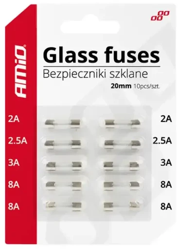 Mini stikliniai saugikliai 20 mm, 10 vnt. rinkinys amio-02394