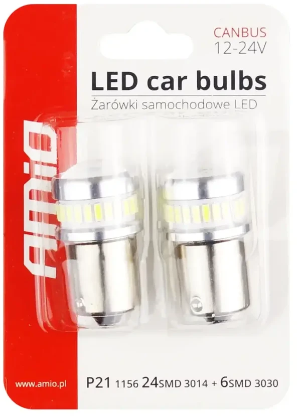 Amio LED CANBUS 3014 24SMD + 3030 6SMD 1156 BA15S P21W R10W R5W Balta 12V/24V