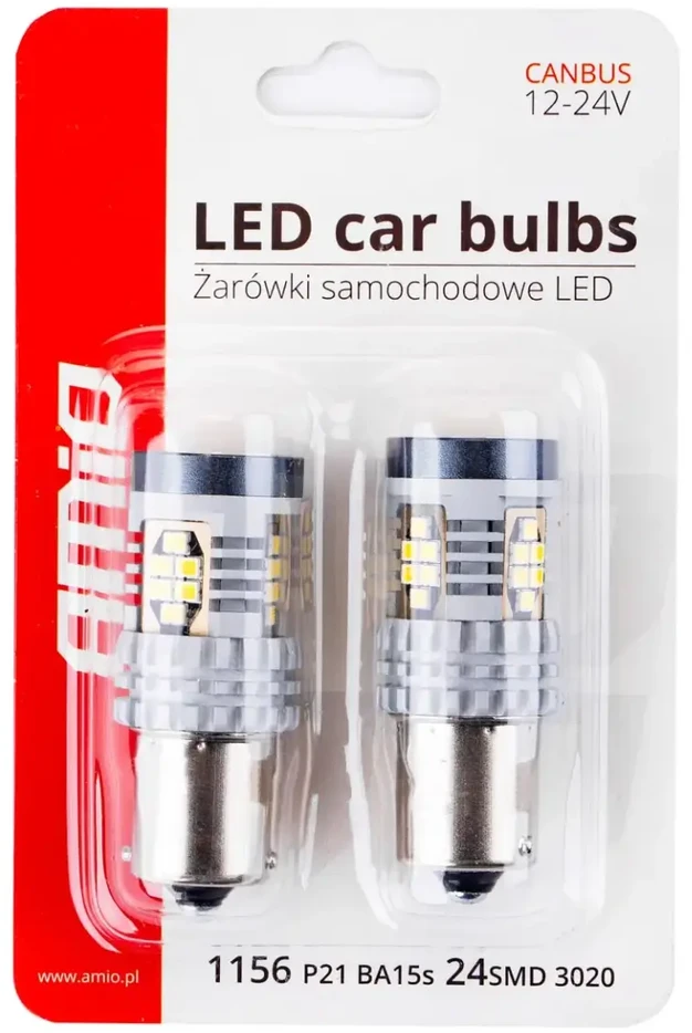Amio LED CANBUS 3020 24SMD 1156 BA15S P21W R10W R5W baltas 12V/24V