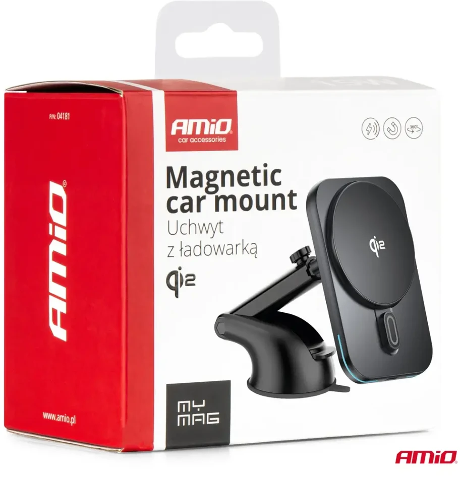 Magnetinis belaidis automobilinis įkroviklis Qi2 15W – prie lango/prietaisų skydelio AMIO-04181