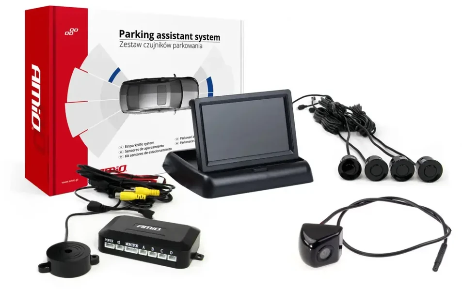 Amio Parkavimo pagalbos sistema 4,3 TFT02 su FLIP-UP CAM-310 kamera, 4 juodi jutikliai 22 mm