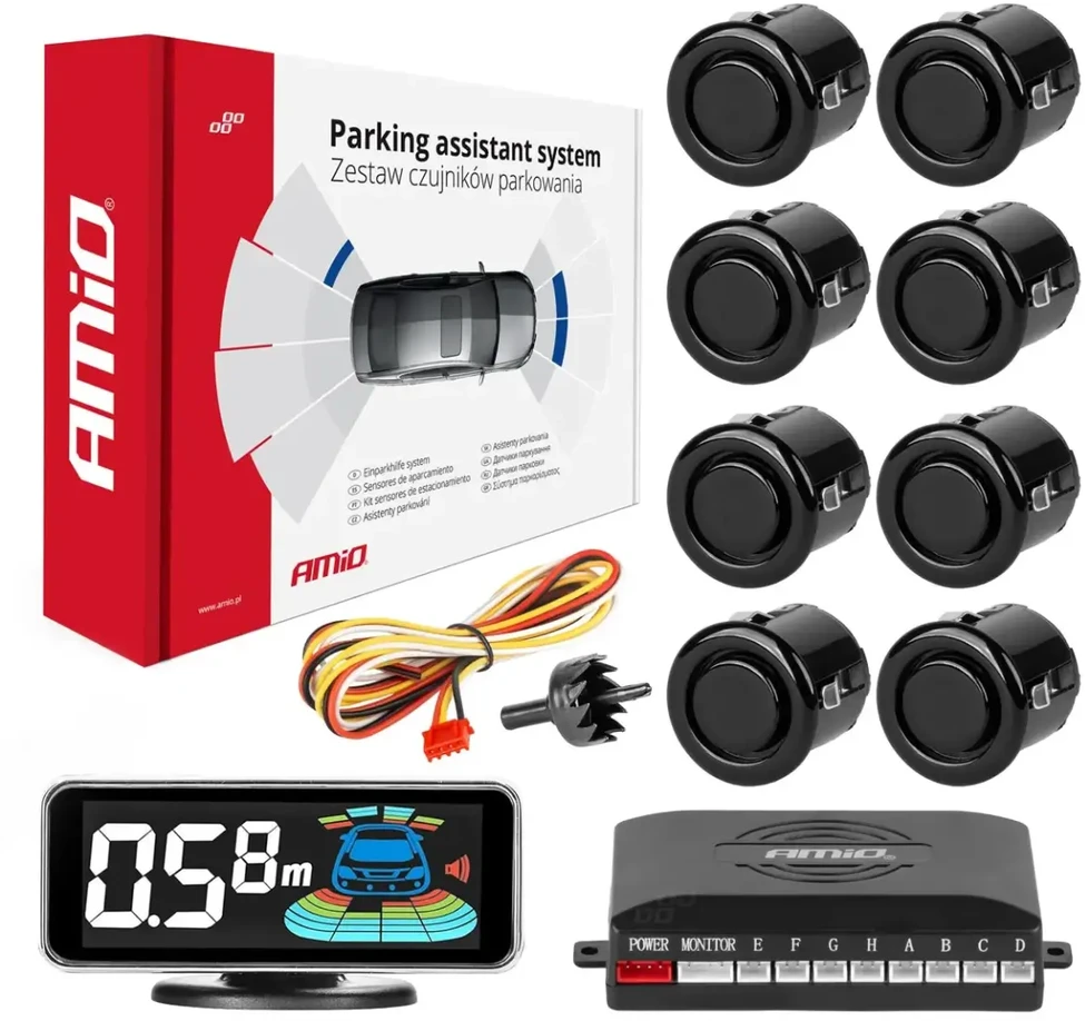 Parkavimo pagalbos sistema LED-GRAF 3D, 8 juodi spalvos jutikliai GOLD 18 mm AMIO-03192