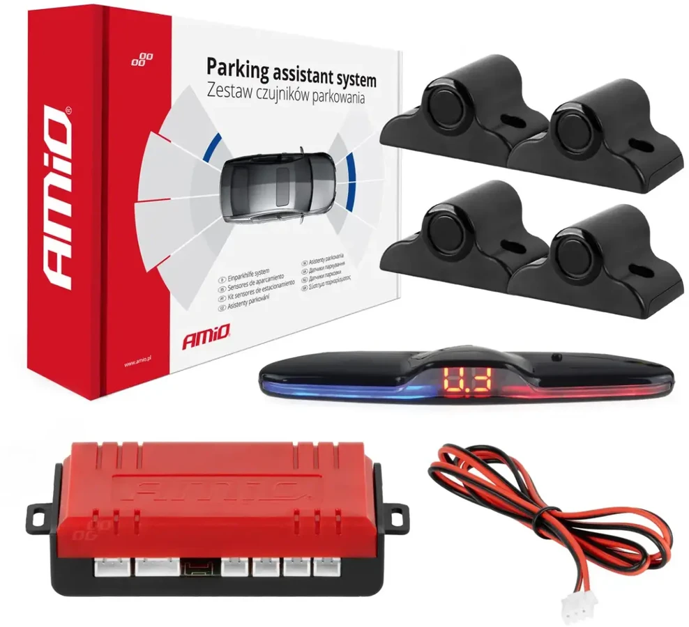 Parkavimo pagalbos sistema MAX LED, 4 juodi jutikliai 19 mm, sunkvežimiams AMIO-02292